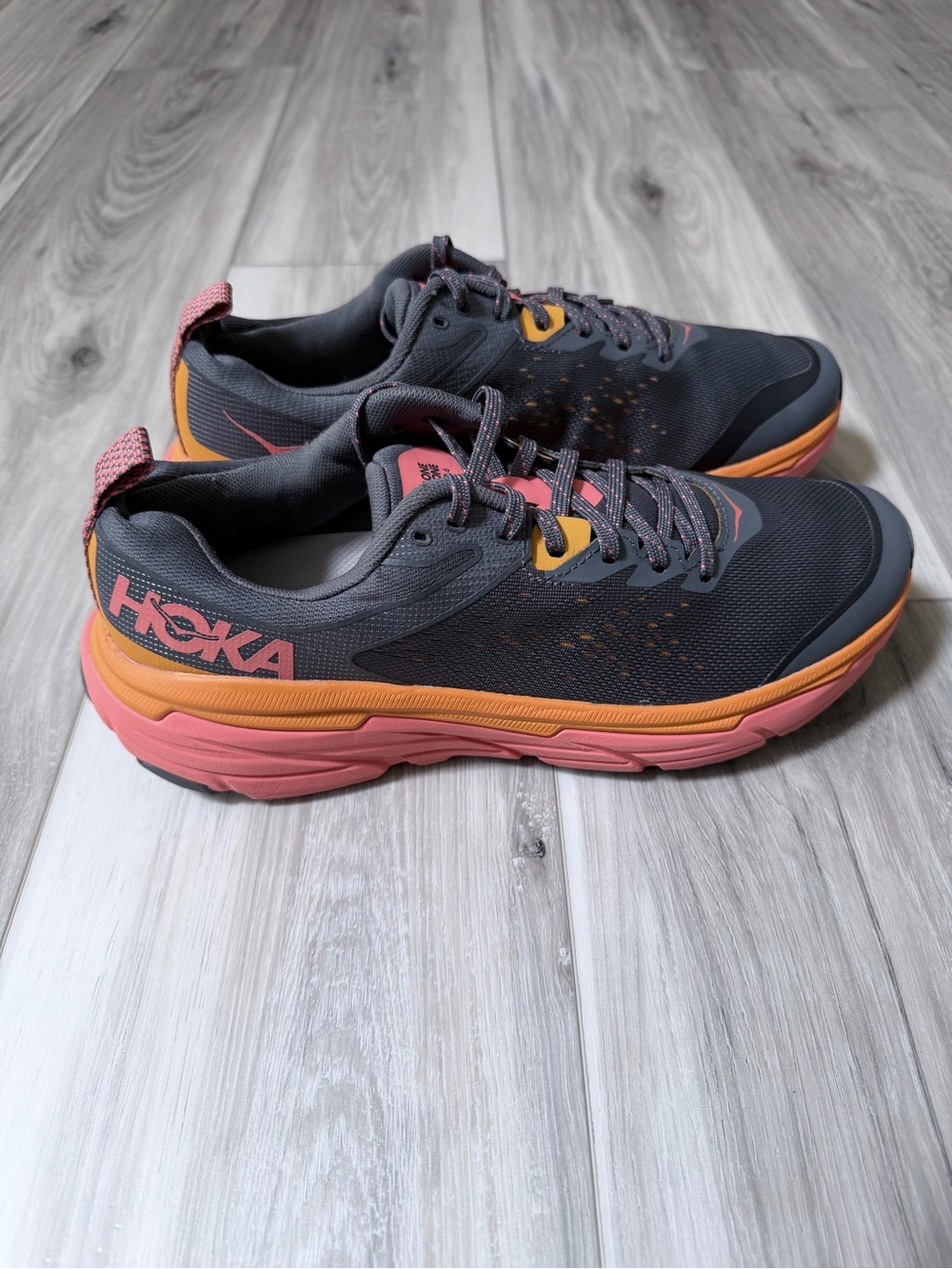 Hoka Men’s Dark Gray Pink and Orange Trail Running Shoes